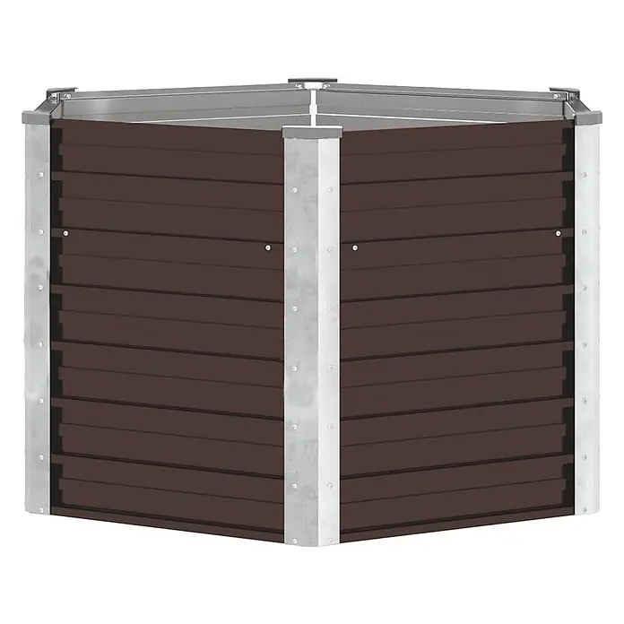 Furnicato Hochbeet - 129 x 129 x 77 cm, Stahl, Braun - Dunkelbrauner Lamellen-Eckkomposter mit silbernem Metallrahmen und -pfosten.
