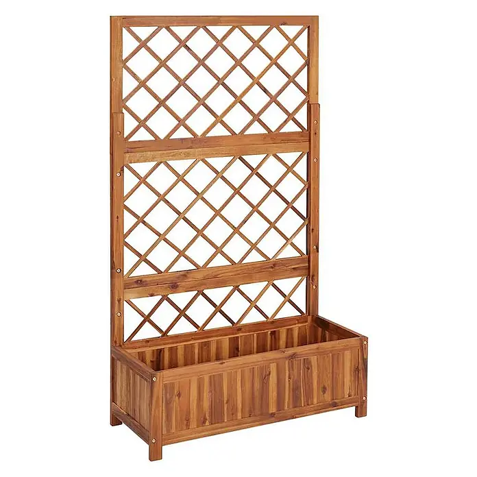 Furnicato Hochbeet Akazien-Massivholz geölt - 85 x 38 x 150 cm, Holz, Braun - Hölzerner Gartenkübel mit Rauten-Rankgitter, ideal für Kletterpflanzen.