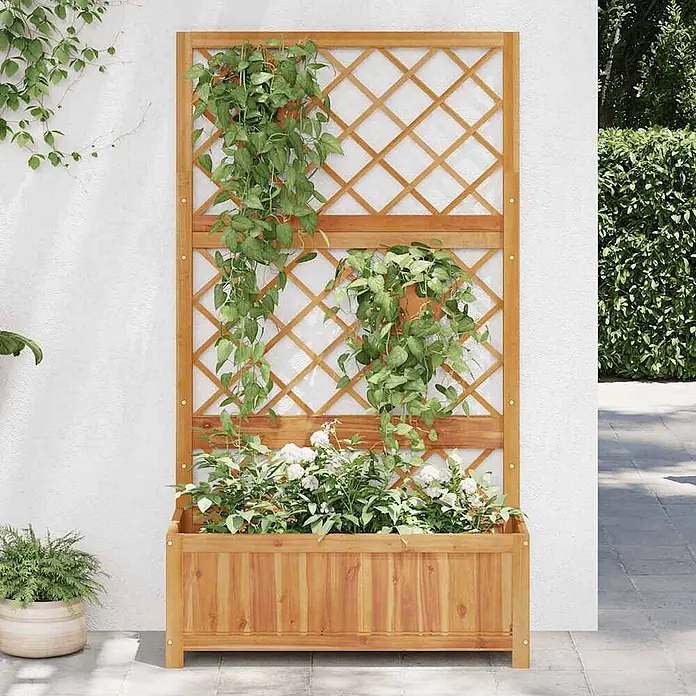 Furnicato Hochbeet Akazien-Massivholz geölt - 85 x 38 x 150 cm, Holz, Braun - Holzpflanzkasten mit Spalier, bepflanzt mit Kletterpflanzen und weißen Blumen.