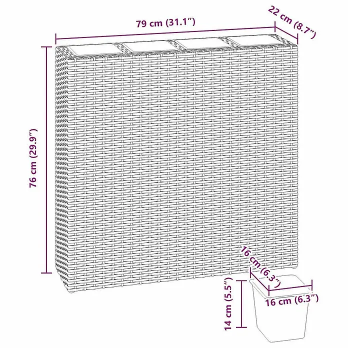 Furnicato Hochbeet Poly Rattan - 79 x 22 x 76 cm, Kunststoff, Braun - Rechteckiger Rattan-Pflanzkasten mit drei Innentöpfen und Maßen.