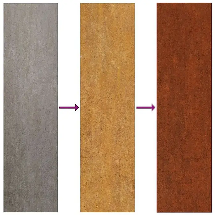 Furnicato Hochbeet - 80 x 200 x 80 cm, Stahl, Braun - Materialentwicklung von Grau zu rostigem Rotbraun, Verwitterungsprozess darstellend.