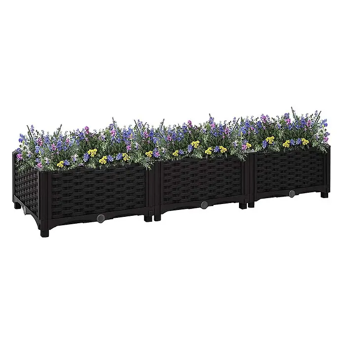 Furnicato Hochbeet - 120 x 40 x 23 cm, Kunststoff, Schwarz - Dunkelbrauner geflochtener modularer Blumenkasten, gefüllt mit bunten Blumen.