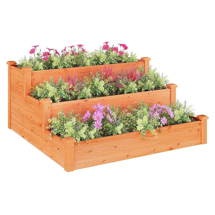 Furnicato Hochbeet Tannen-Massivholz - 120 x 120 x 56 cm, Holz, Braun - Gestuftes Hochbeet aus Holz in Naturfarbe, mit bunten Blumen bepflanzt.