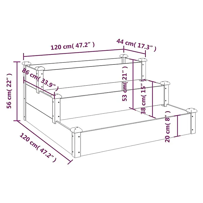 Furnicato Hochbeet Tannen-Massivholz - 120 x 120 x 56 cm, Holz, Braun - Dreistufiges Hochbeet mit Abmessungen.