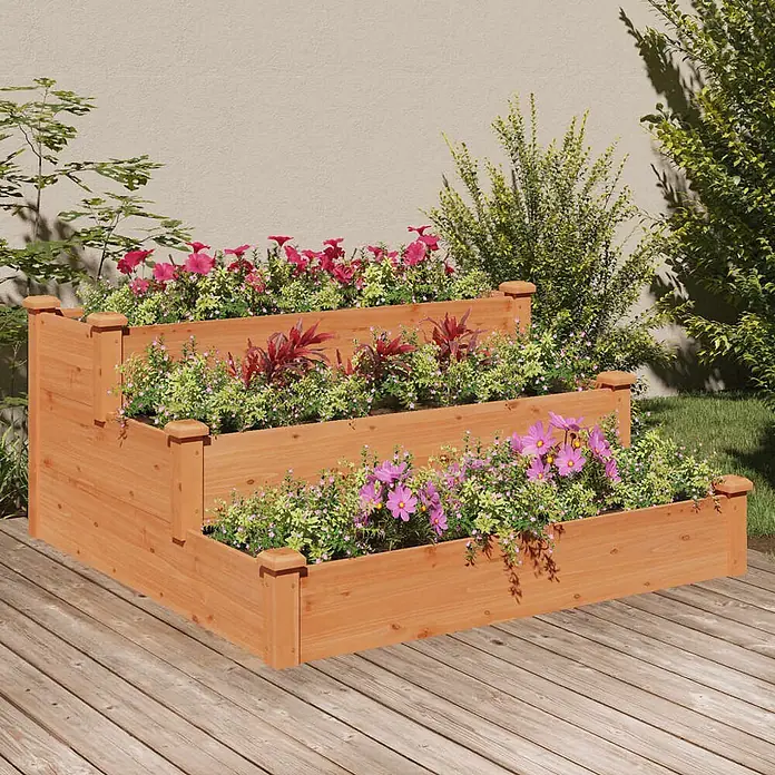 Furnicato Hochbeet Tannen-Massivholz - 120 x 120 x 56 cm, Holz, Braun - Ein dreistufiges Hochbeet aus Holz, gefüllt mit bunten Blumen und Pflanzen, auf einer Holzterrasse im Freien.