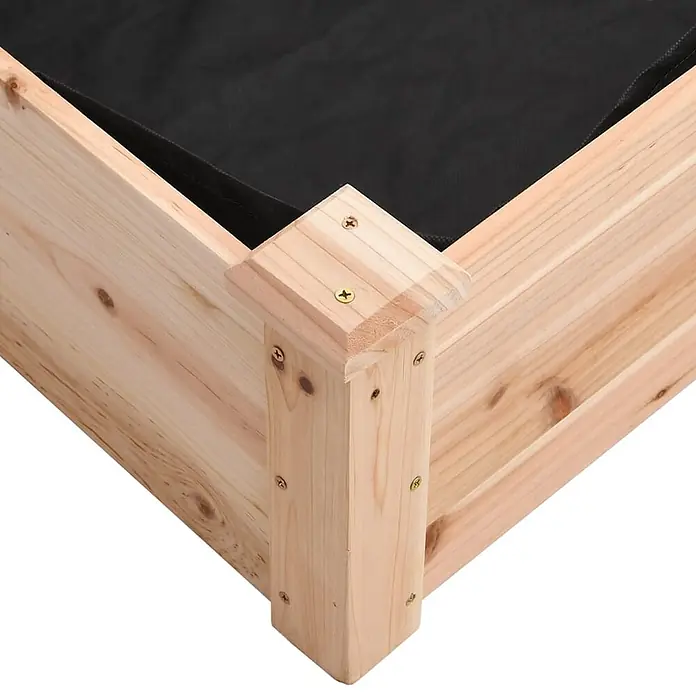 Furnicato Hochbeet - 45 x 120 x 25 cm, Holz, Natur - Ecke eines hellen Hochbeets aus Holz mit sichtbaren Schrauben und schwarzer Innenfolie.