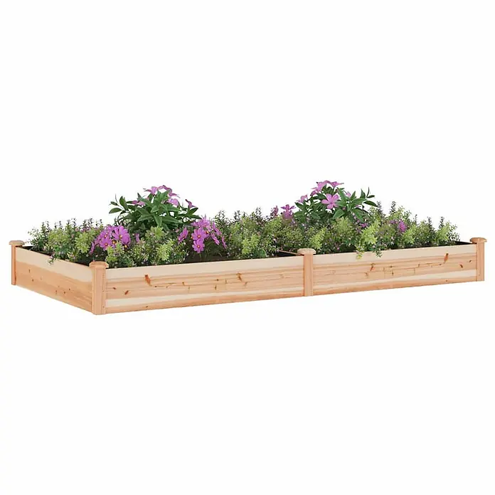 Furnicato Hochbeet - 120 x 240 x 25 cm, Holz, Natur - Langes Hochbeet aus hellem Holz, gefüllt mit leuchtend violetten Blumen und grünem Laub.