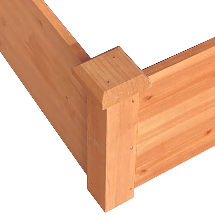 Furnicato Hochbeet Tannen-Massivholz - 120 x 120 x 56 cm, Holz, Braun - Ecke eines Hochbeets aus hellem Holz mit stabilem vertikalem Pfosten.