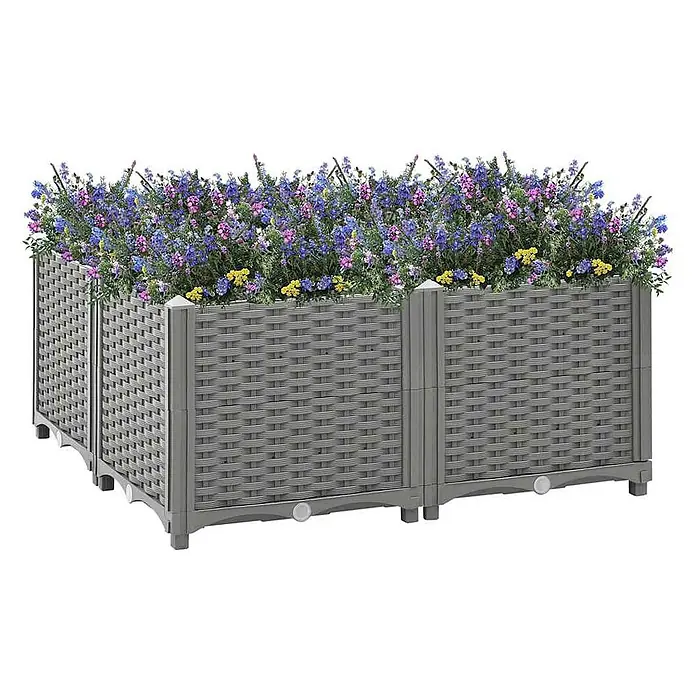 Furnicato Hochbeet - 80 x 80 x 38 cm, Kunststoff, Hellgrau - Graues Hochbeet aus Kunststoff in Rattanoptik, gefüllt mit bunten blauen, rosa und gelben Blumen.