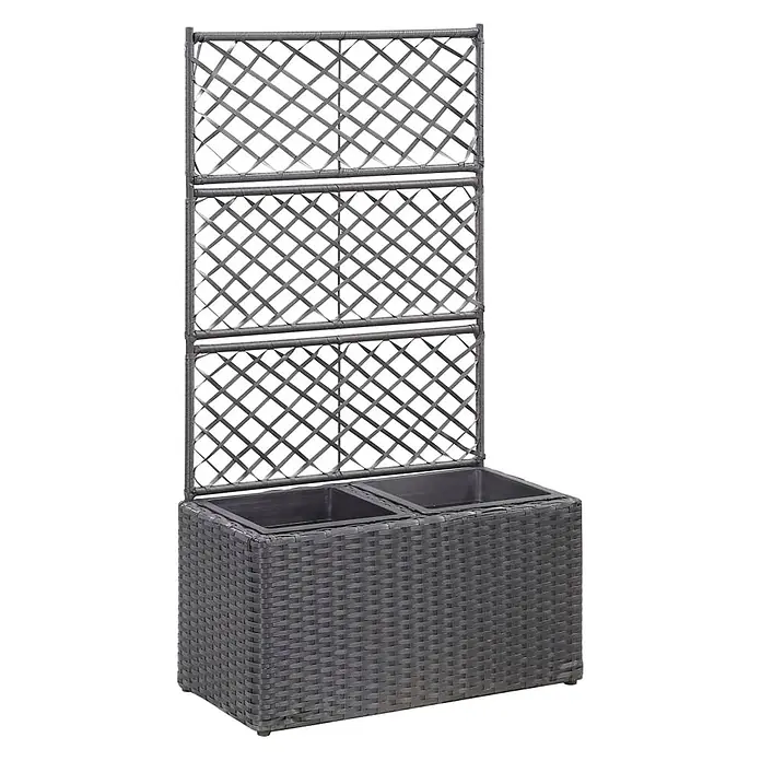 Furnicato Hochbeet - 58 x 30 x 107 cm, Kunststoff, Schwarz - Dunkelgraues Polyrattan-Pflanzgefäß mit zwei Einsätzen und integriertem Rankgitter, ideal für Kletterpflanzen.
