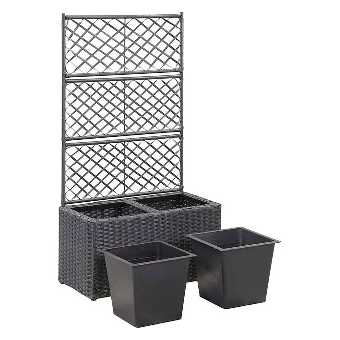 Furnicato Hochbeet - 58 x 30 x 107 cm, Kunststoff, Schwarz - Dunkelgrauer Pflanzkasten in Rattan-Optik mit dreistufigem Spalier und zwei schwarzen Kunststoffeinsätzen.