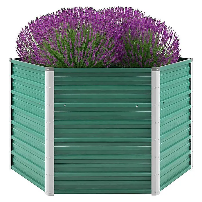 Furnicato Hochbeet - 129 x 129 x 77 cm, Stahl, Grün - Grünes Hochbeet aus Wellblech mit weißen Eckstützen, gefüllt mit leuchtenden violetten Blütenpflanzen.