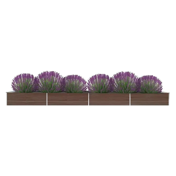 Furnicato Hochbeet - 600 x 80 x 45 cm, Stahl, Braun - Eine Reihe lila-grüner lavendelartiger Pflanzen in einem langen, braunen Holzpflanzgefäß.