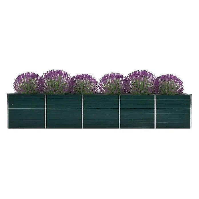Furnicato Hochbeet - 400 x 80 x 45 cm, Stahl, Grün - Langes, dunkelgrünes Hochbeet aus Wellblech mit silbernen Stützen, gefüllt mit violetten und grünen borstigen Pflanzen.