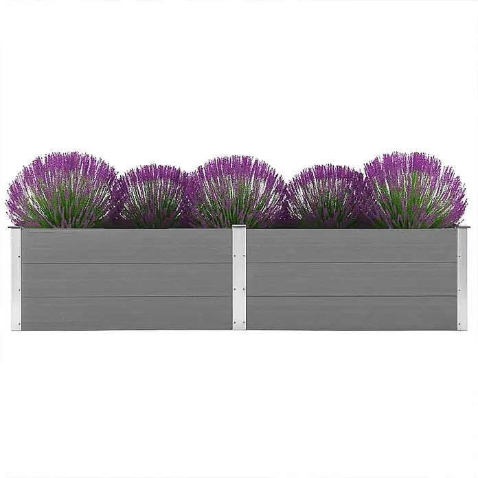 Furnicato Hochbeet - 100 x 250 x 54 cm, Verbundwerkstoff, Grau - Graues Hochbeet aus Verbundmaterial mit silbernen Pfosten, bepflanzt mit buschigen lilafarbenen Blumen.