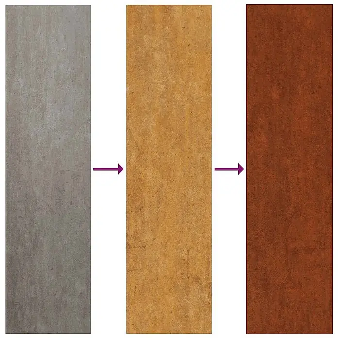 Furnicato Hochbeet - 100 x 100 x 41 cm, Stahl, Witterungsbeständiger Stahl/Braun - Drei Paneele zeigen Cortenstahl, der sich von Grau über Goldbraun zu Rostrotbraun entwickelt.