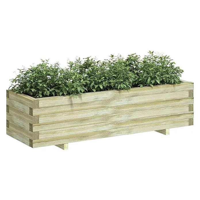 Furnicato Hochbeet - 120 x 40 x 30 cm, Holz, Grün - Langer, heller Holzkasten mit grünen Pflanzen und kleinen weißen Blüten.