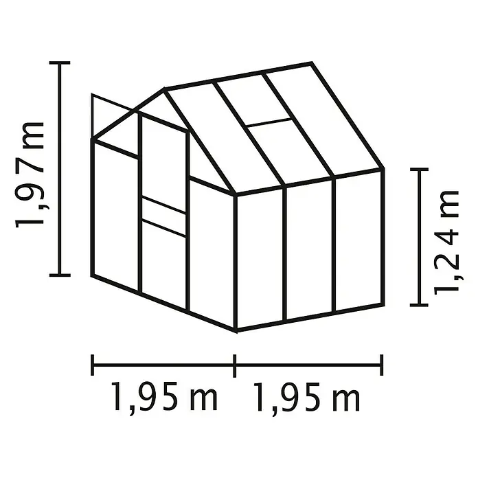 Vitavia Gewächshaus Venus 3800 Plus - Außenmaß inkl. Dachüberstand (B x T): 195 x 195 cm, 3 mm, Smaragd - Technische Zeichnung eines Gewächshauses mit den Maßen 1,97 m Höhe, 1,24 m Seitenhöhe und 1,95 m Tiefe.