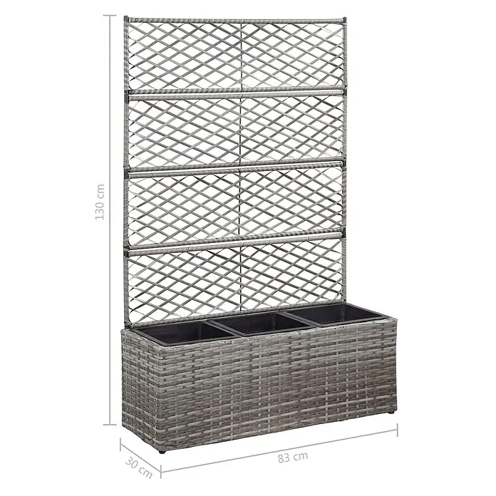 Furnicato Hochbeet - 83 x 30 x 130 cm, Kunststoff, Grau - Graues Rattan-Hochbeet mit drei Innentöpfen und integriertem Rankgitter.