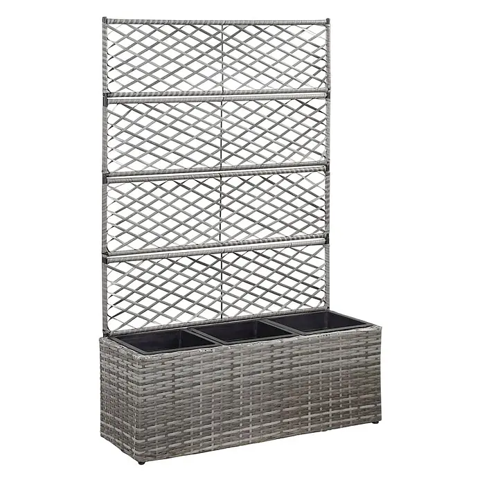 Furnicato Hochbeet - 83 x 30 x 130 cm, Kunststoff, Grau - Grauer Rattan-Pflanzkasten mit drei Fächern und integriertem Rankgitter.