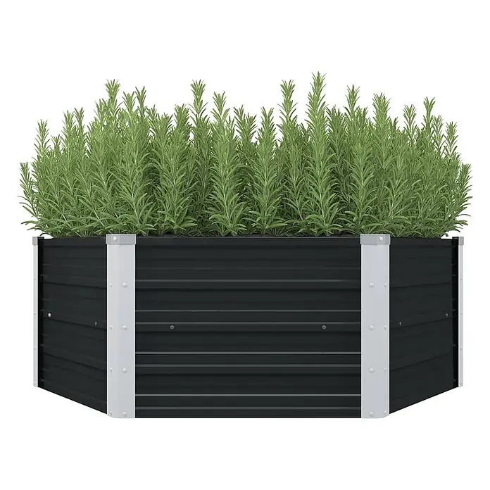 Furnicato Hochbeet - 129 x 129 x 45 cm, Stahl, Anthrazit - Schwarzes Hochbeet aus Metall mit grauen Eckpfosten, gefüllt mit üppigen grünen Pflanzen.
