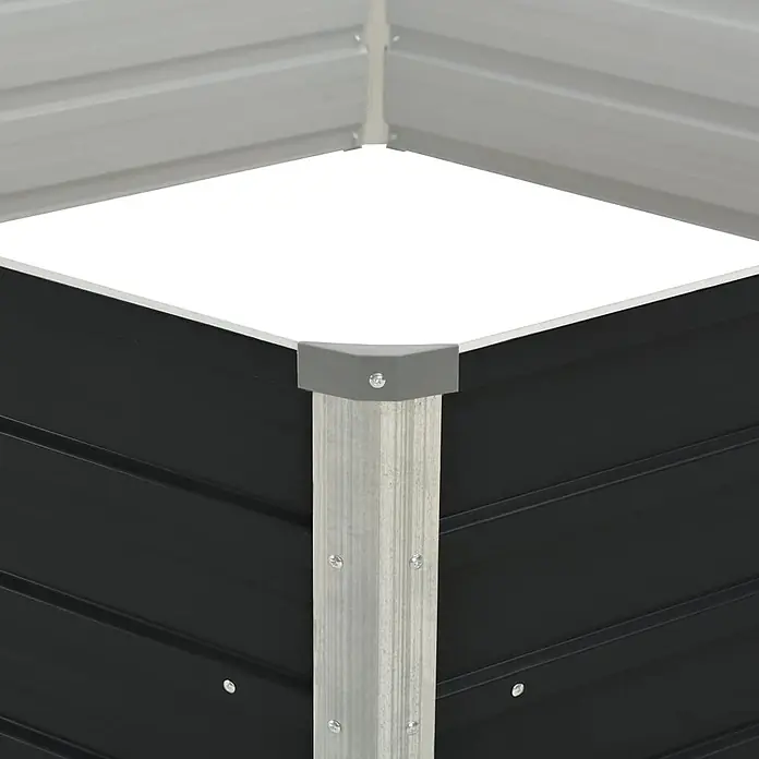 Furnicato Hochbeet - 129 x 129 x 45 cm, Stahl, Anthrazit - Eckdetail eines Hochbeets mit schwarzen Wellblechplatten und einem silbernen Eckpfosten.