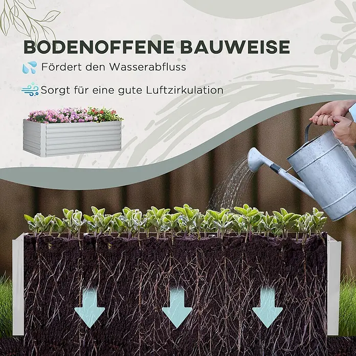Outsunny Hochbeet - Stahl, Hellgrau - Silbernes Hochbeet aus Wellblech, offener Boden für Wasserablauf & Luftzirkulation, mit Pflanzen.