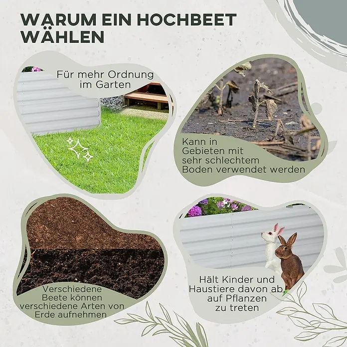 Outsunny Hochbeet - Stahl, Hellgrau - Graues Metall-Hochbeet, das Vorteile wie Gartenordnung, Nutzung bei schlechtem Boden, verschiedene Erdetypen und Schutz vor Kindern/Haustieren aufzeigt.