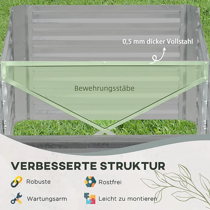 Outsunny Hochbeet - Stahl, Hellgrau - Graues Hochbeet aus 0,5 mm dickem Vollstahl mit Verstärkungsstäben für verbesserte Stabilität und Haltbarkeit.