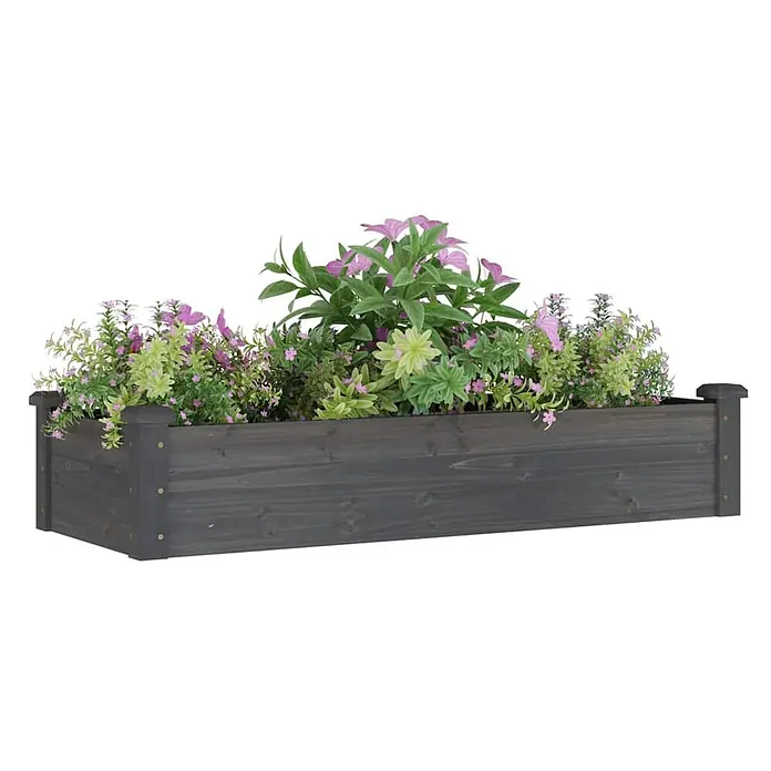 Furnicato Hochbeet - 120 x 45 x 25 cm, Holz, Grau - Dunkelgrauer Holz-Pflanzkasten gefüllt mit grünen und lila Kunstpflanzen.