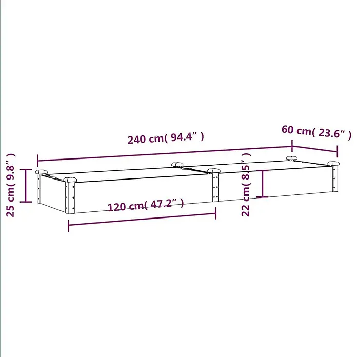 Furnicato Hochbeet - 240 x 60 x 25 cm, Holz, Grau - Rechteckiges Hochbeet, 240 cm lang, 120 cm breit, mit Höhen von 25 cm und 22 cm.