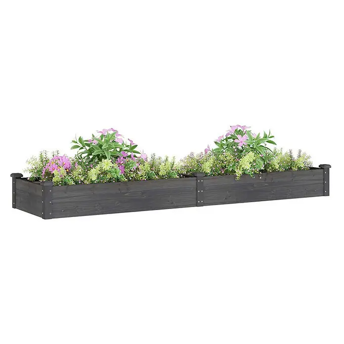 Furnicato Hochbeet - 240 x 60 x 25 cm, Holz, Grau - Langes, dunkelgraues Hochbeet aus Holz mit verschiedenen rosa und grünen Blumen.