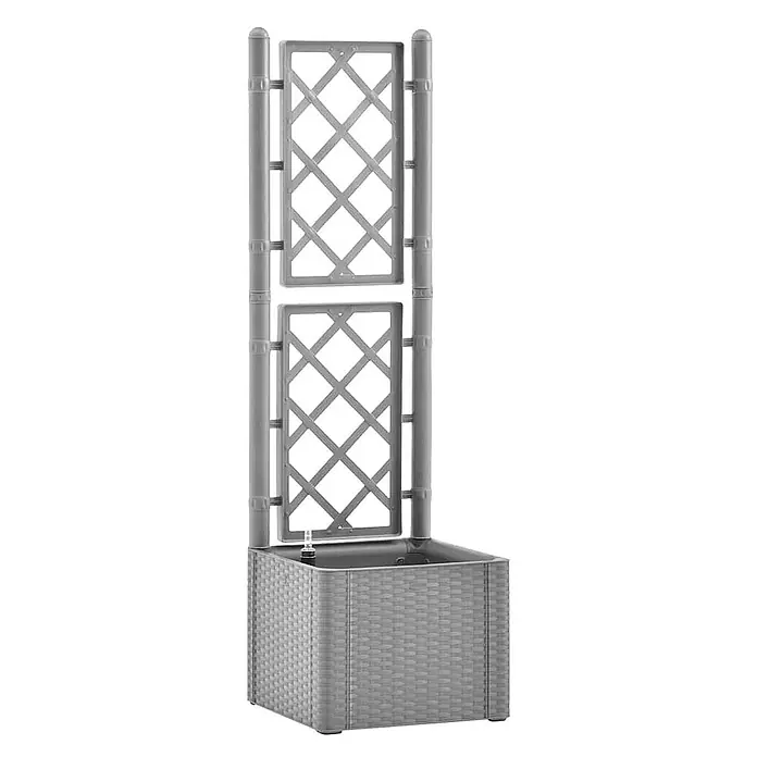Furnicato Hochbeet Kunststoff Steingrau - 43 x 43 x 142 cm, Kunststoff, Grau - Grauer Pflanzkasten in Rattan-Optik mit integriertem Rankgitter für Kletterpflanzen.