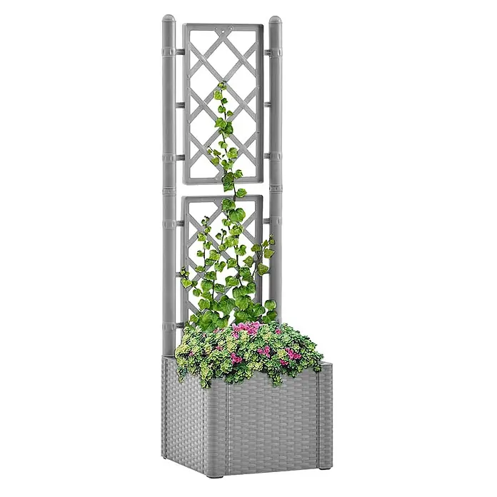 Furnicato Hochbeet Kunststoff Steingrau - 43 x 43 x 142 cm, Kunststoff, Grau - Hoher grauer Pflanzkasten im Rattan-Stil mit integriertem Rankgitter, Kletterpflanzen und Blüten.