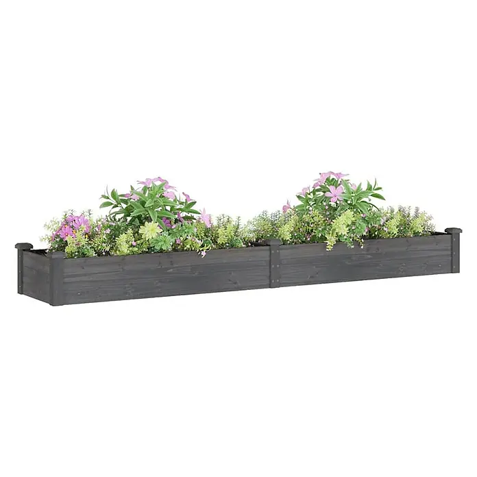 Furnicato Hochbeet - 240 x 45 x 25 cm, Holz, Grau - Zwei miteinander verbundene dunkelgraue Holz-Pflanzkästen mit künstlichen rosa und grünen Blumen und Blättern.