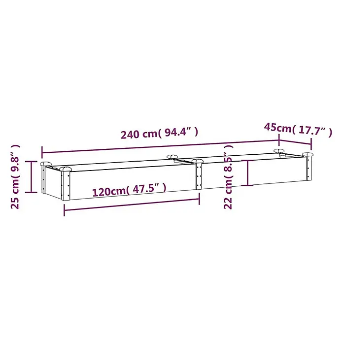 Furnicato Hochbeet - 240 x 45 x 25 cm, Holz, Natur - Rechteckiges Hochbeet, 240 cm lang und 45 cm breit, mit zwei Abschnitten unterschiedlicher Höhen: 25 cm und 22 cm.