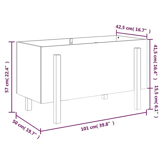 Furnicato Hochbeet - 50 x 101 x 57 cm, Holz, Natürliches Douglasie - Strichzeichnung eines rechteckigen Pflanzkastens mit Beinen, mit detaillierten Längen-, Breiten- und Höhenmaßen.