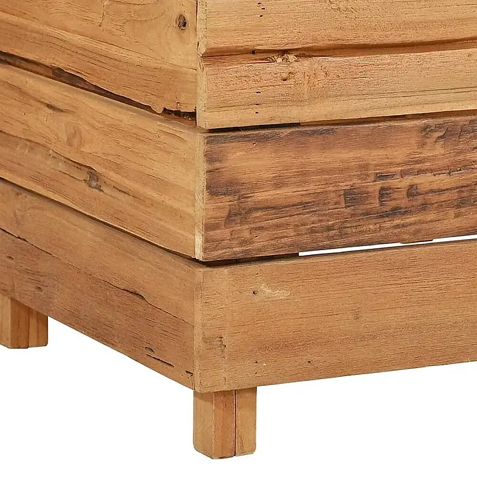 Furnicato Hochbeet - 150 x 40 x 38 cm, Holz, Braun - Nahaufnahme eines rustikalen, hellbraunen Holzpflanzgefäßes oder einer Kiste aus gestapelten Brettern mit Holzmaserung und kurzen Beinen.