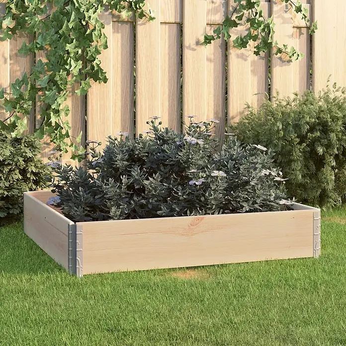 Furnicato Hochbeet - 100 x 100 x 19 cm, Holz, Braun - Helles Hochbeet aus Holz mit Pflanzen und kleinen weißen Blüten.