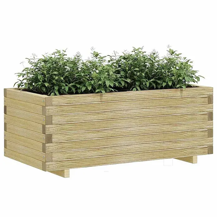 Furnicato Hochbeet - 50 x 100 x 40 cm, Holz, Beige - Großer rechteckiger Blumenkasten aus hellem, gestapeltem Holz, gefüllt mit Grünpflanzen und weißen Blüten.