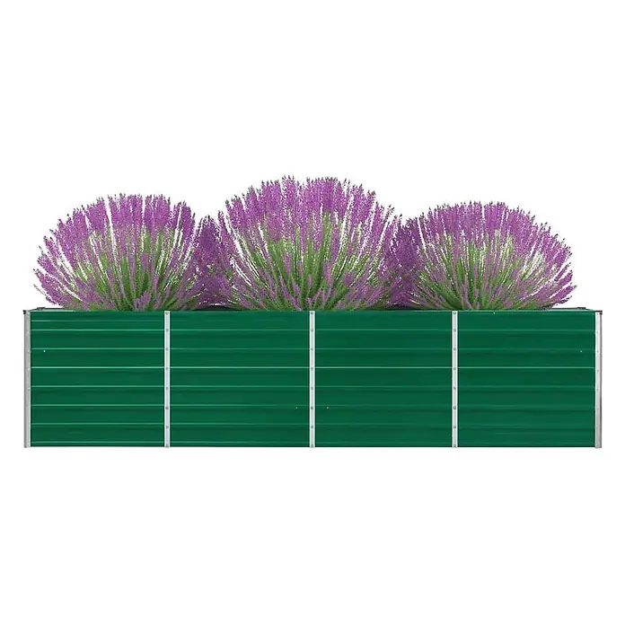 Furnicato Hochbeet - 320 x 40 x 77 cm, Metall, Grün - Grünes Metall-Hochbeet mit silbernen Stützen, gefüllt mit leuchtend violetten Blumen.
