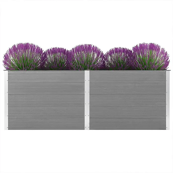 Furnicato Hochbeet - 100 x 250 x 91 cm, Verbundwerkstoff, Grau - Langer grauer Lamellen-Pflanzkasten gefüllt mit violetten Blütenpflanzen.