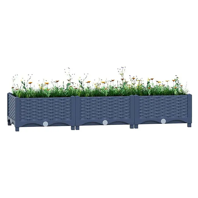 Furnicato Hochbeet - 120 x 40 x 23 cm, Kunststoff, Blaugrau - Blaugrauer modularer Pflanzkübel mit Rattanmuster, gefüllt mit grünen Pflanzen und bunten Blumen.