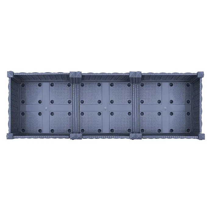 Furnicato Hochbeet - 120 x 40 x 23 cm, Kunststoff, Blaugrau - Inneres eines grauen Kunststoff-Pflanzkastens mit mehreren perforierten Abschnitten zur Entwässerung und Belüftung.