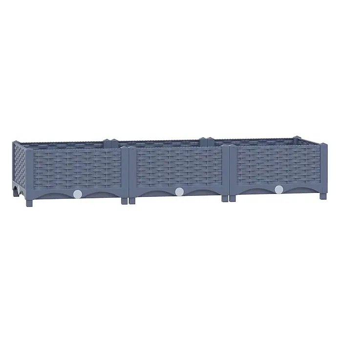 Furnicato Hochbeet - 120 x 40 x 23 cm, Kunststoff, Blaugrau - Langes graues Pflanzgefäß in Rattan-Optik mit drei Abschnitten.