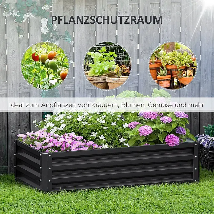 Furnicato Hochbeet - 120 x 60 x 30,5 cm, Stahl, Grau - Schwarzes Hochbeet aus Metall, gefüllt mit bunten Blumen und grünen Pflanzen.