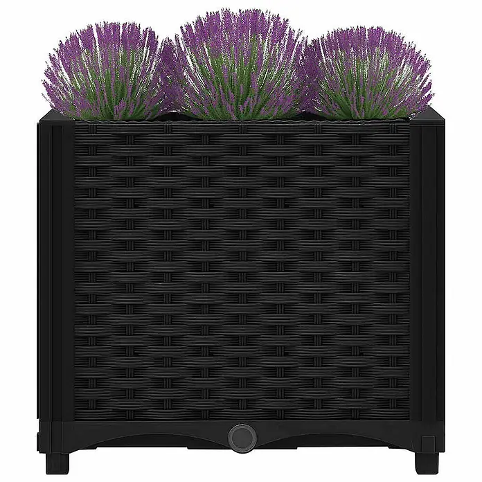 Furnicato Hochbeet - 40 x 40 x 38 cm, Kunststoff, Schwarz - Schwarzer Pflanzkasten in Rattan-Optik mit lila Pflanzen.