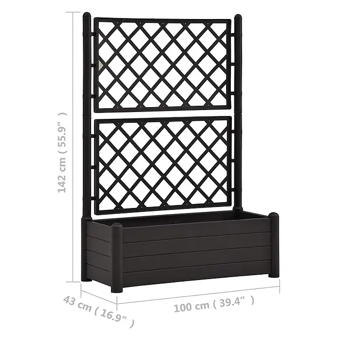 Furnicato Hochbeet - 43 x 100 x 142 cm, Kunststoff, Anthrazit - Schwarzer rechteckiger Pflanzkasten mit zweistöckigem Spalier. Maße: 142 cm H, 100 cm B, 43 cm T.