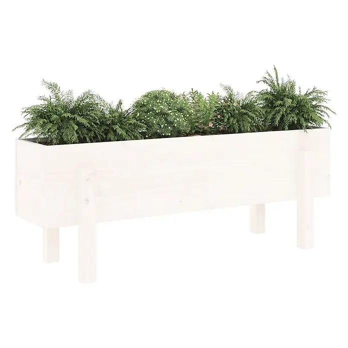 Furnicato Hochbeet - 30 x 101 x 38 cm, Holz, Weiße Kiefer - Weißer Holz-Pflanzkasten mit Beinen, gefüllt mit verschiedenen Grünpflanzen und kleinen Blumen.