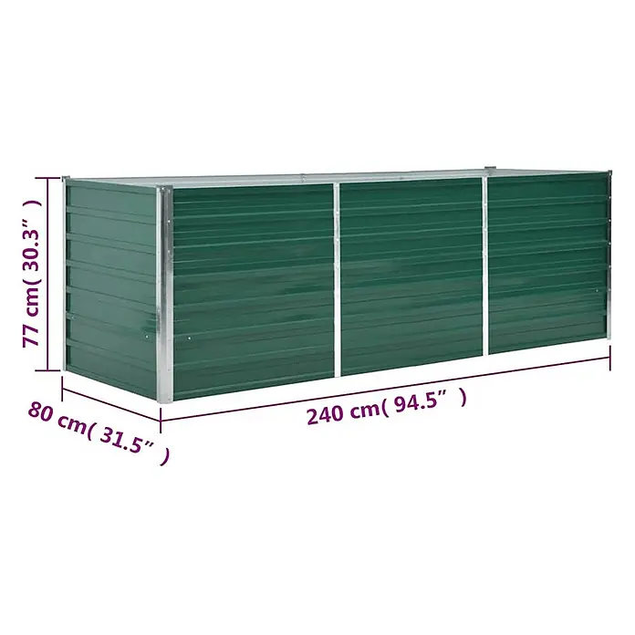 Furnicato Hochbeet - 80 x 240 x 77 cm, Stahl, Grün - Grüner Wellblech-Außenlagerbehälter mit silbernem Rahmen und Abmessungen.